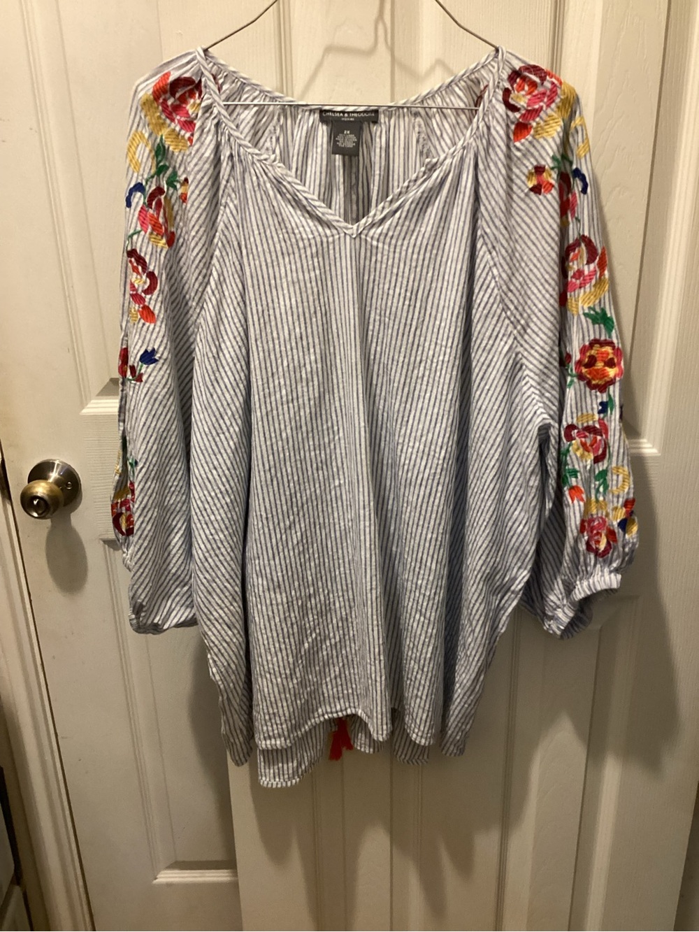 Chelsea & Theodore Blue & White Striped Embroidered Sleeve Tunic